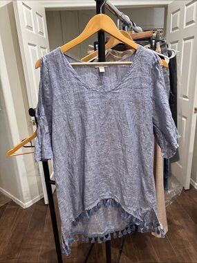 Saks 5th Ave Light Blue Tassel-Hem Cold-Shoulder Linen Top Size L